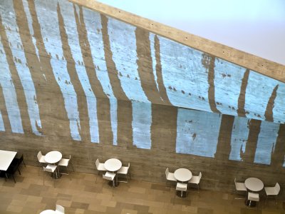This is a wall in the coffee shop area. A video is projected onto the wall, a piece of artwork in itself called Cypresses. It shows people moving up and down, almost trudging on hills in the blue spaces. Hynotic effect.