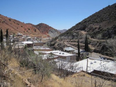 Old Bisbee - downtown and Lavender Pit in background - from Maxfield staircase