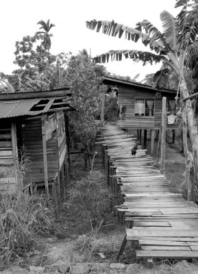 Village houses next to railroad.