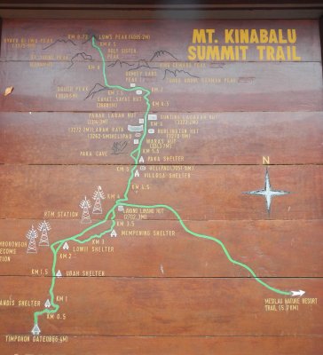 The map outside the National Park office. We will walk from Timpohon Gate, rest at Laban Rata, then up to Low's Peak.