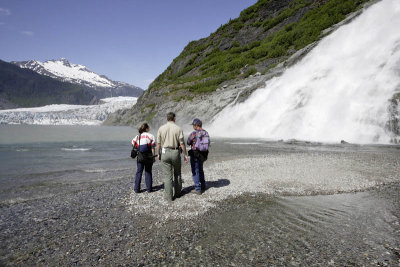 Waterfall and Mendenhall Glacier near Juneau