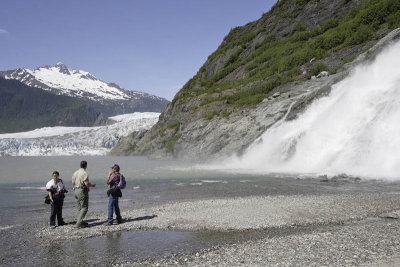 Waterfall and Mendenhall Glacier near Juneau