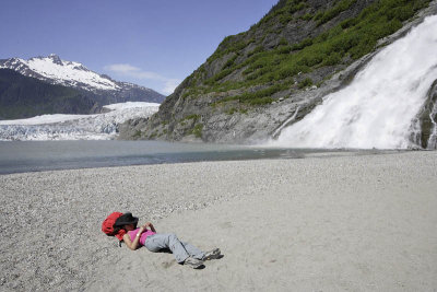 Waterfall and Mendenhall Glacier near Juneau