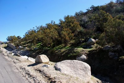 THE STONE RETAINING WALLS OF THIS DRAINAGE DITCH WERE BUILT BY HAND BY LADY FOUNDERS OF JOJOBA HILLS