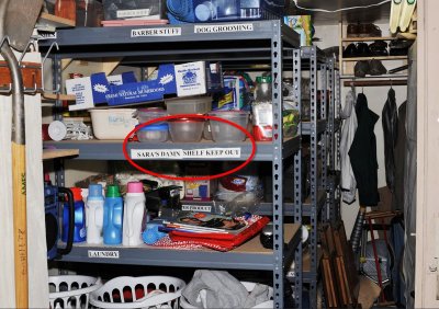 THERE IS NO DOUBT WHERE SARA'S SHELF IS IN THE STORAGE SHED