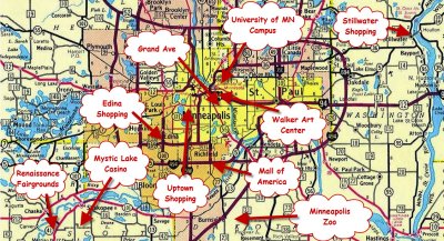 A MAP OF THE GREATER MINNEAPOLIS ST. PAUL AREA SHOWS THE LOCATION OF MYSTIC LAKE CASINO AND SEVERAL OTHER ATTRACTIONS