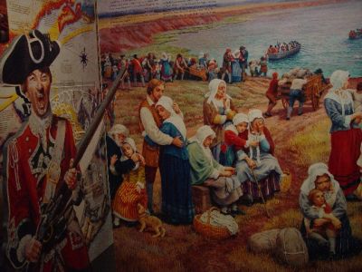 THIS MURAL DEPICTS THE GREAT EXPLUSION OF THE ACADIANS FROM THE ISLAND AND NOVA SCOTIA