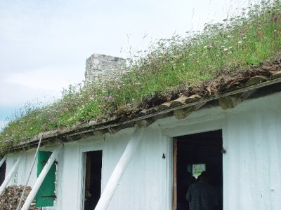 THE COD FISHERMEN'S HOUSE AT THE FORTRESS OF LOUISBOURG WAS SARA'S FAVORITE-SHE LOVED THE SOD ROOF WITH ITS FLOWERS