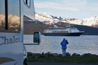 Our RV, Angela & cruise ship leaving Seward