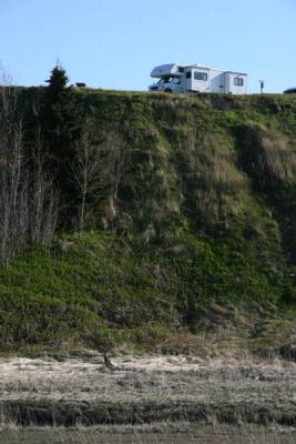 View of our RV on the bluff  from beach in Kenai