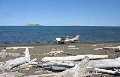 Our plane landing on the beach to pick us up