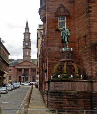 Mid Kirk Spire (1781) & statue of James Watt, Greenock, Scotland