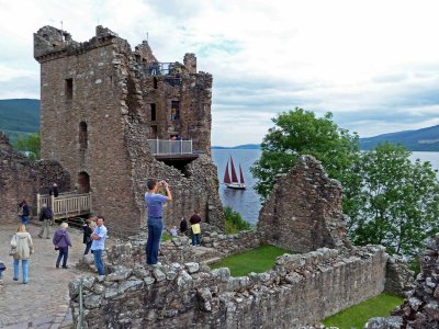 Ruins of Urquhart Castle and Sailboat on Loch Ness