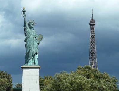 Replica of Statue of Liberty (1889) on Ile des Cygnes and Eiffel Tower (1889), Paris