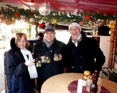 Susan, Stephan, & Urs Drinking Gluhwein in Basel