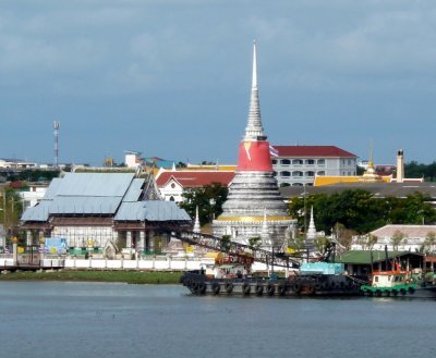 Village with Temple on the Chaophraya River on the Outskirts of Bangkok