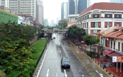 On the Crosswalk Over Road in Chinatown, Singapore