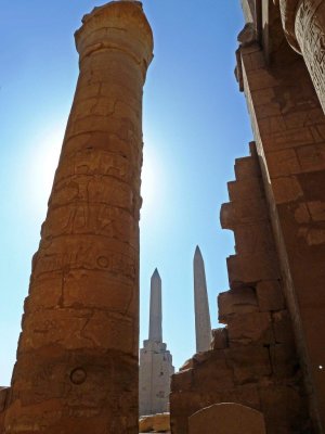 View of the Hatshepsut  & Tuthmose III Obelisks from the Great Hypostyle Hall