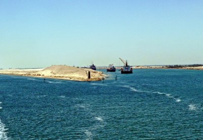 Side Channel of Suez Canal Where Ships Appear to be Buried in the Sand