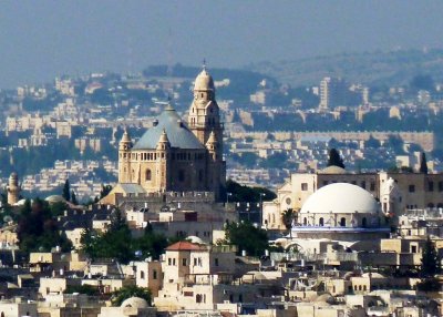 Hagia Maria Sion Abbey (Left) on Mt. Zion & Hurva Synagogue (White Dome) in the Jewish Quarter, Jerusalem