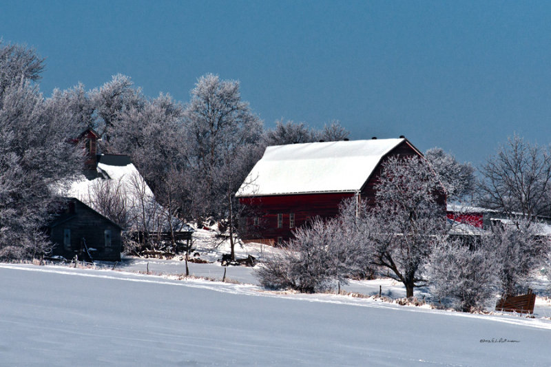 A nice covering of frost coated everything.
An image may be purchased at http://edward-peterson.artistwebsites.com/featured/snow-covered-barns-edward-peterson.html