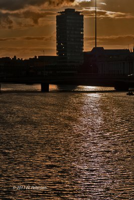 Sun set on the river in Dubliln.