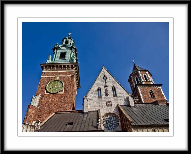 Tall towers and unusual shaped buildings in the grounds of Wawel Castle..