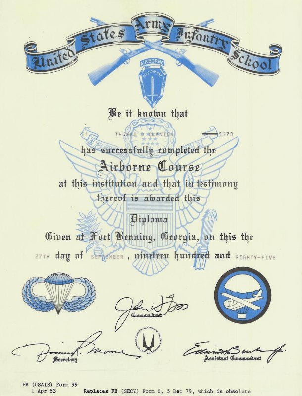 1985 Airborne School diploma