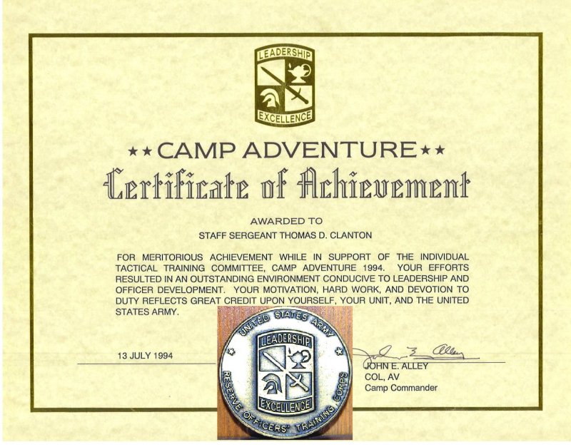 Recognized by BG for training ROTC cadets at Camp Adventure 94