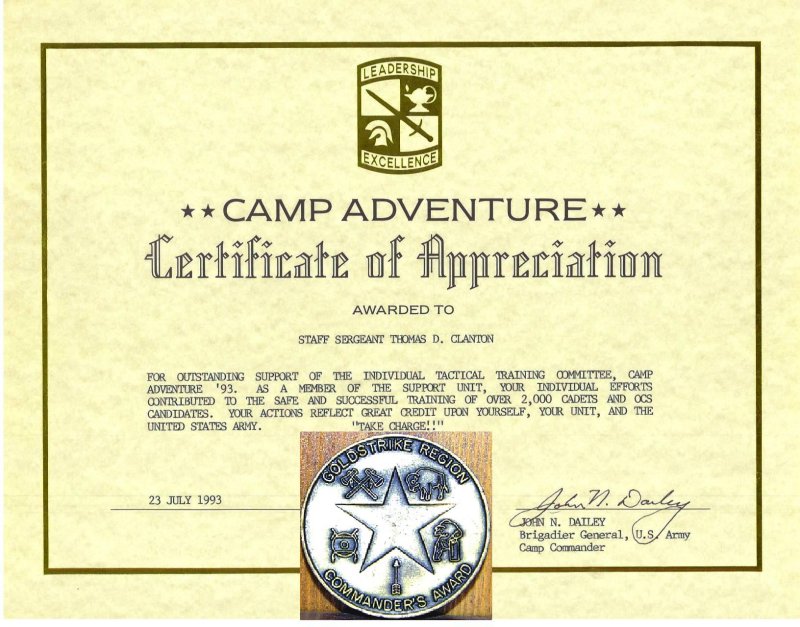 Recognized for as ROTC trainer at Camp Adventure 93