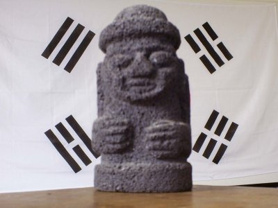 Dolharubang stone grandfather statue with Korean Flag