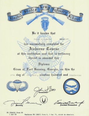 1985 Airborne School diploma