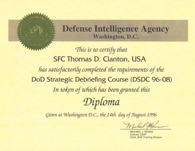 DoD Strategic Debriefing Course diploma