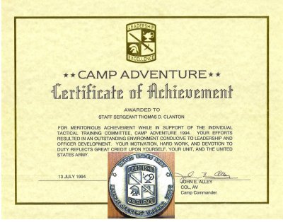 Recognized by BG for training ROTC cadets at Camp Adventure '94
