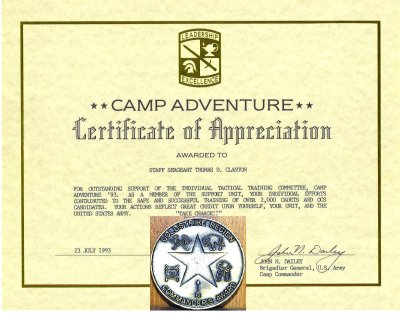 Recognized for as ROTC trainer at Camp Adventure '93