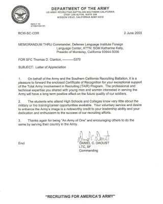 2003 Letter of Appreciation from Recruiting Command for promoting the Army