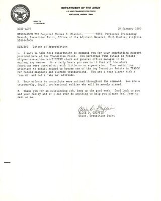 1990 Letter of Appreciation from Ft Eustis, VA Personnel Division