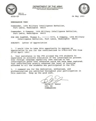 1993 Letter of Appreciation from Ft Huachuca for interrogation training