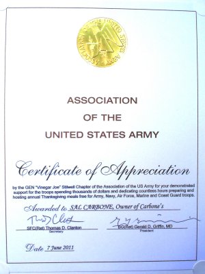 AUSA Cert of Appreciation for Carbones