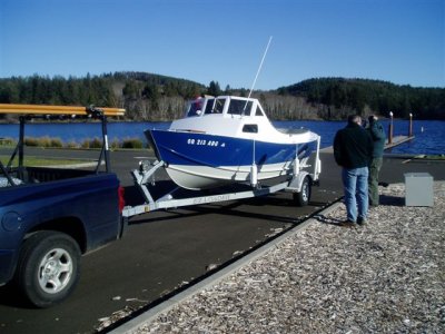 Launch for first hull wetting; Cold. beautiful day at Cullaby Lake.