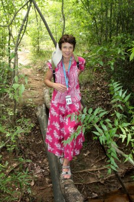 Ruth on a log bridge, Pohams Aboretum, Dambulla