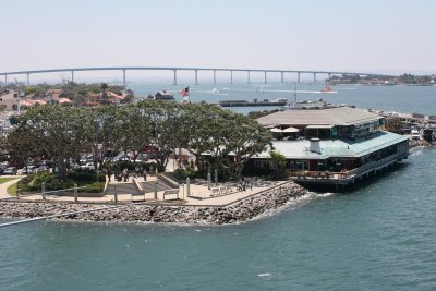 The Coronado Bridge with Seaport Village in the foreground.