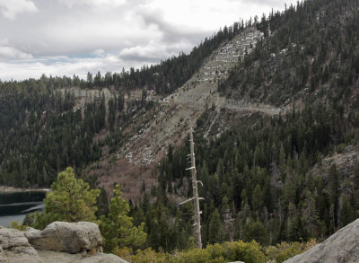 The Emerald Bay slide of 1953 was triggered by undercutting of an already unstable slope for road construction.