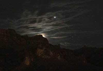 Jupiter, Hyades, and Earthshine