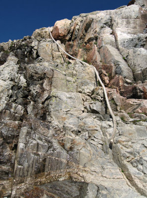 Rope at the upper waterfall, just before the Lower Saddle.