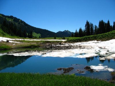 Little lake at the bottom, which looks like it's accumulated the snow from a number of avalanches by its side