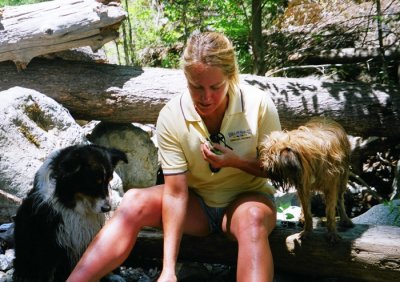 Lisa with Scout and Chuckie at a Pool on Kelsey Creek