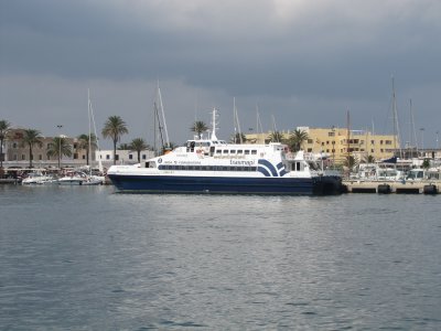 Following some split with Balearia, this Fjellstrand 38.8m ferry has lost all Balearia markings.