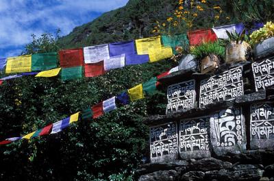 Mani stones and prayer flags