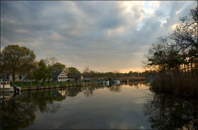 canal in spring at sunset